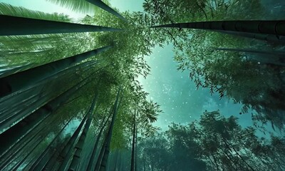 Lush Bamboo Forest Under a Starry Sky with Ethereal Glow - Powered by Adobe