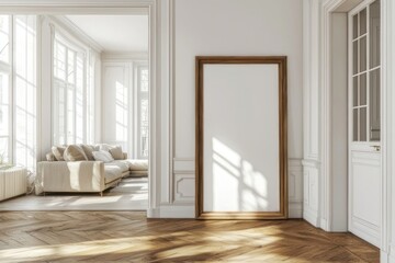 Obraz premium Sunlit Parisian Hallway with Blank Art, Beige Sofa