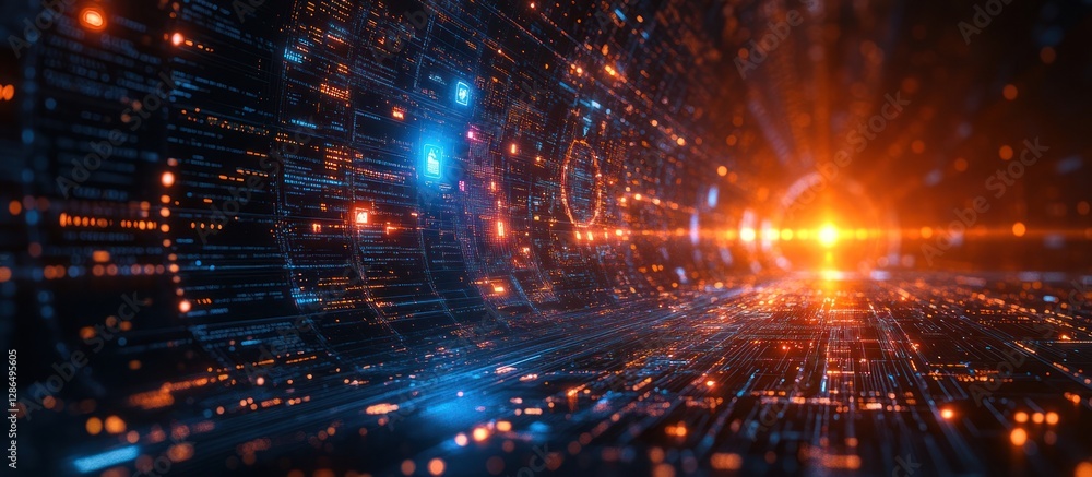 Poster futuristic digital data stream flowing through a network.