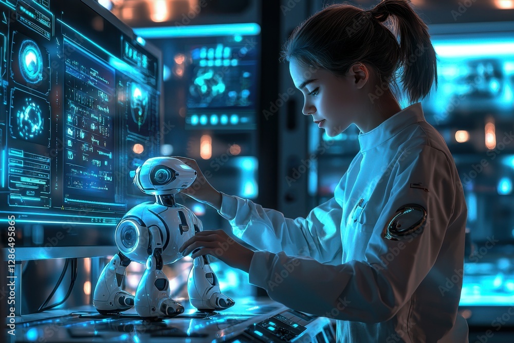 Poster young female engineer works with a small humanoid robot in a futuristic lab, surrounded by computer 