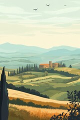 Travel poster of Tuscany minimal digital art super detailed 8k full design without frames real life color palette use different color gradings use different focal lenghts