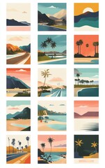 Variety of scenic posters of southern California landscape in a grid of illustrated vintage style posters on a white background mid century modern color palette