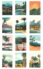 Variety of scenic posters of southern California landscape in a grid of illustrated vintage style posters on a white background mid century modern color palette