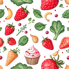 a variety of fruits and vegetables, including strawberries, bananas, carrots, and leafy greens, arranged in a repeating design.