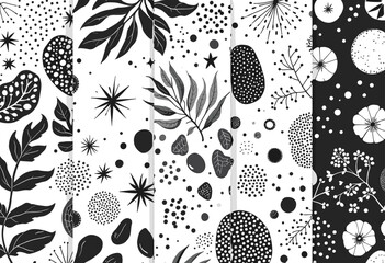 a series of black and white designs featuring various shapes, such as leaves, flowers, and stars, arranged in a grid-like layout.