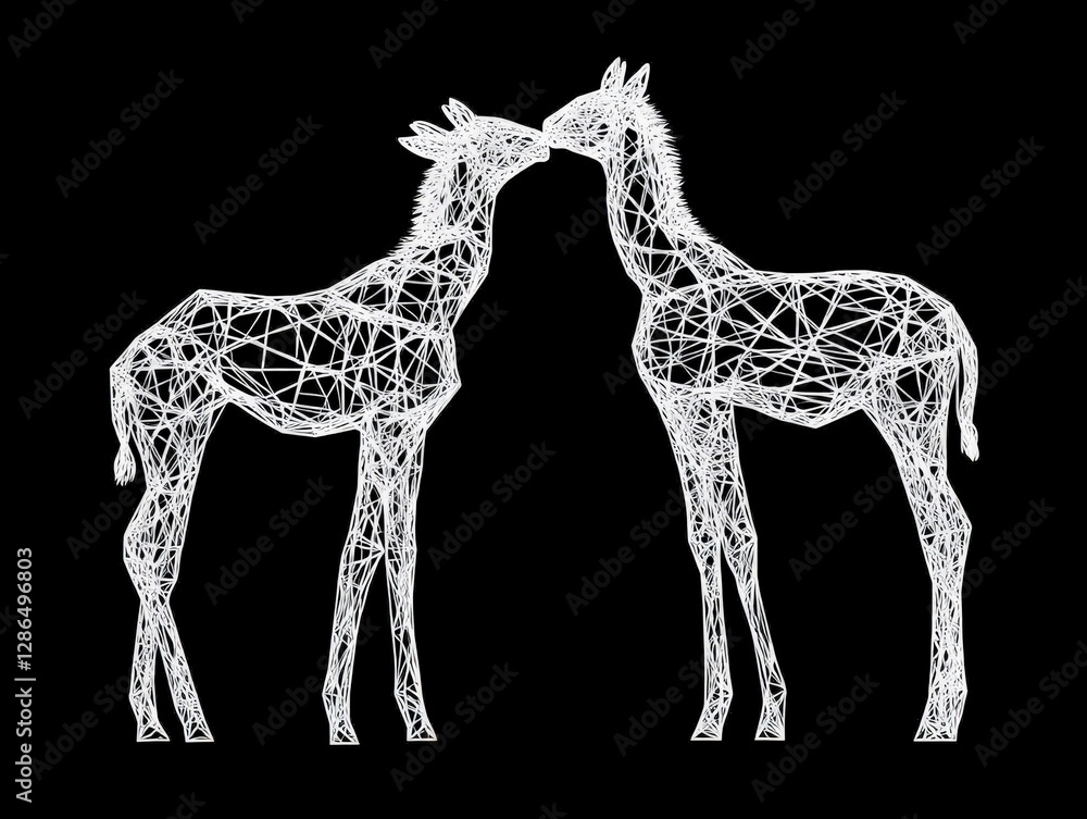 Poster abstract wireframe deer couple facing each other in geometric design against black background repres