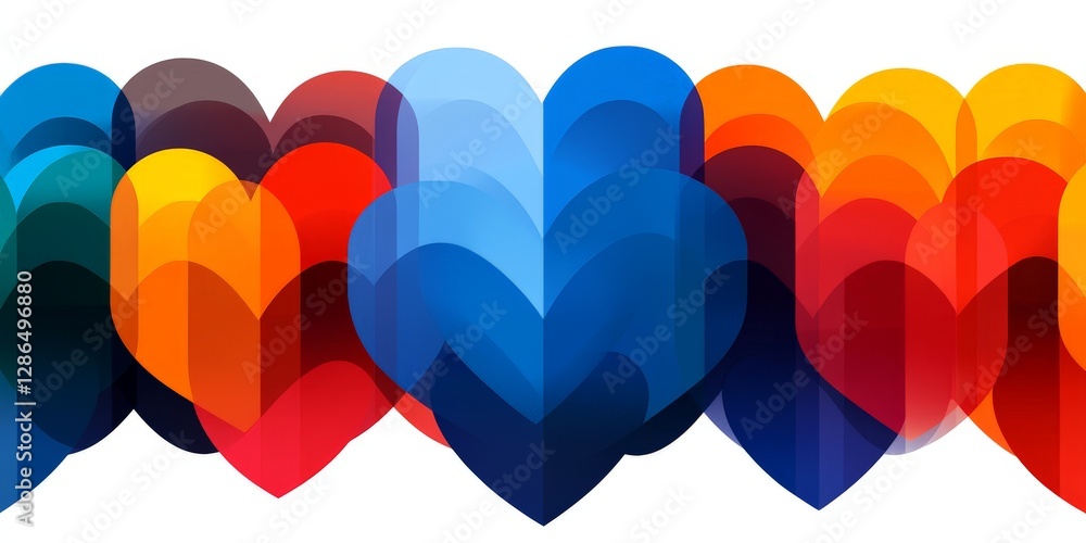 Poster multicolored overlapping hearts in layered 3d effect forming a visually dynamic love inspired compos