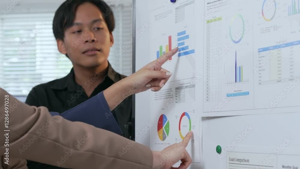Poster business colleagues discussing marketing data displayed on charts and graphs, analyzing company perf
