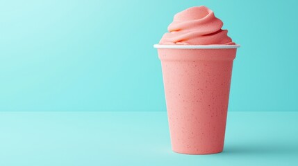 Refreshing Pink Soft Serve Ice Cream in Cup on Blue Background