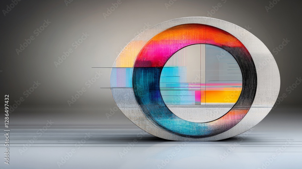 Poster abstract artwork featuring colorful circular shapes and linear elements