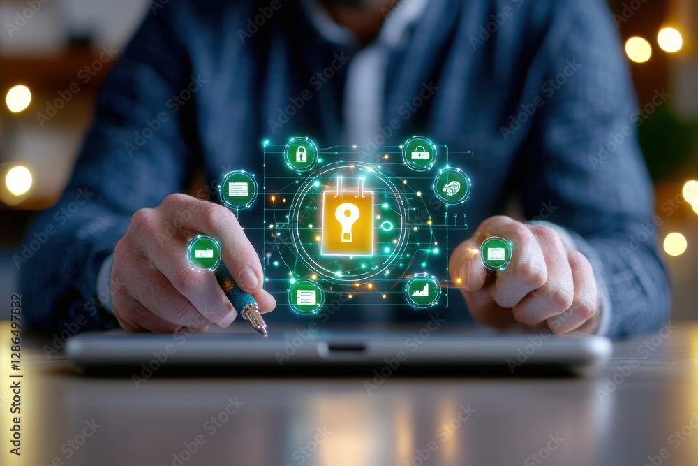 Aufkleber digital security concept with locks and devices in modern workspace