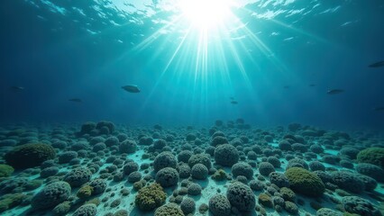 Sunlight shining over bleached coral reef with damaged marine ecosystem	