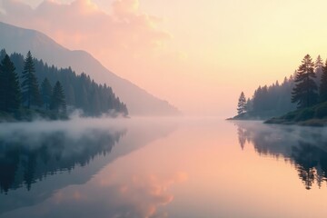 Fototapeta premium Soft peach-colored mist rising from a serene lake, lake, natural