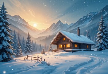 Fototapeta premium Cozy Wooden Cabin Snowy Winter Wonderland Majestic Mountains Sunrise - Winter Vacation Marketing, Family Retreats, Romantic Getaways
