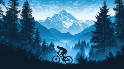 Mountain Biking Silhouette, Misty Forest, Snowy Peaks