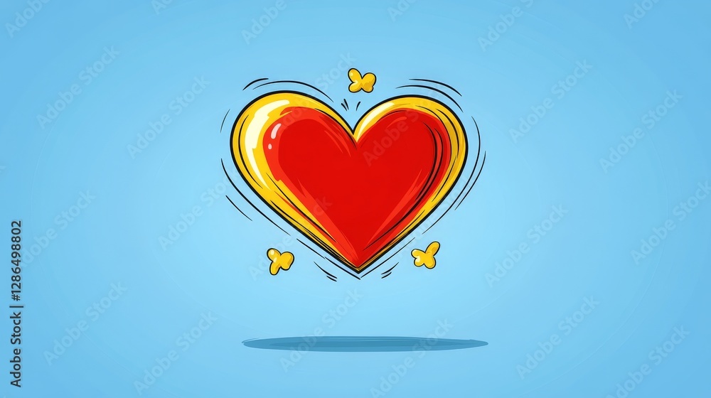 Poster glossy three dimensional heart with metallic blue and yellow accents floating on reflective surface 