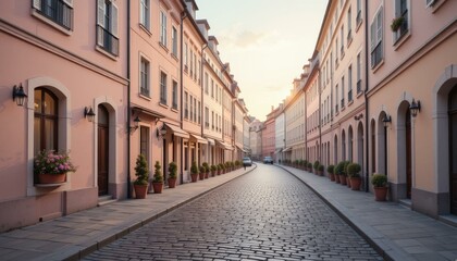 Obraz premium Charming European Cobblestone Street Pastel Buildings Potted Plants Sunset - Scenic Travel Destination Vacation Marketing Travel Photography
