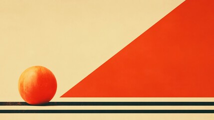 Solitary orange fruit rests subtly against bold red and beige geometric backdrop. AI Generated