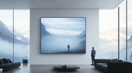 Fototapeta premium A man stands in a spacious living room, featuring a large artwork prominently displayed on the wall, enhancing the room's aesthetic appeal.