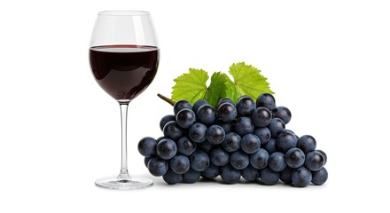 Red Wine Glass with Dark Grapes and Leaves on White Background