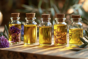 Beautifully arranged glass bottles of herbal oils on wooden table in a well-lit setting
