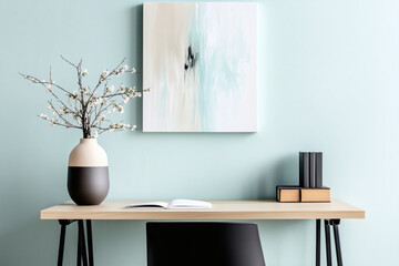 Minimalist workspace with art and floral arrangement