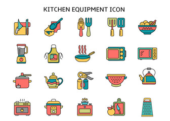 This image displays a collection of colorful kitchen equipment icons in a playful, flat design. It features various tools such as knives, spoons, blenders, pans, microwaves, kettles, graters, and more