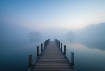 Fototapeta premium Tranquil Foggy Morning Wooden Pier Calm Water - Modern Minimalist Landscape Mindfulness Wellness Background, Serene Nature Reflection