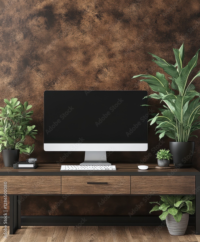 Aufkleber a computer monitor rests on a desk adorned with potted plants, creating a harmonious workspace that 