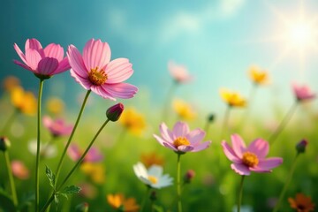 Fototapeta premium Soft petals of wildflowers bloom in the meadow, meadow, natural