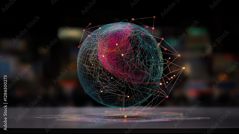 Poster abstract digital sphere with network connections and bright nodes