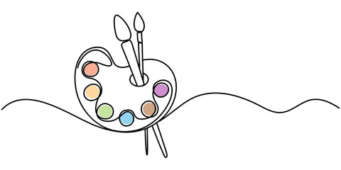 One Continuous Line Drawing of Art Class Icon. Single Line Vector Illustration, Continuous one line drawing of a art materials. Artsy brushes and painting palette one line drawing vector illustration. © Line emotion