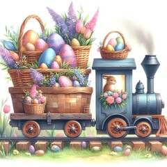 Easter train, carriages in the form of baskets, watercolor