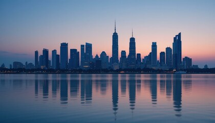 Obraz premium Stunning Modern City Skyline Dusk Vibrant Reflections Water Colorful Gradient Sky - Travel Tourism Marketing