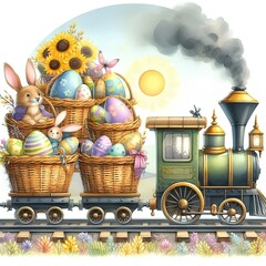 Easter train, carriages in the form of baskets, watercolor