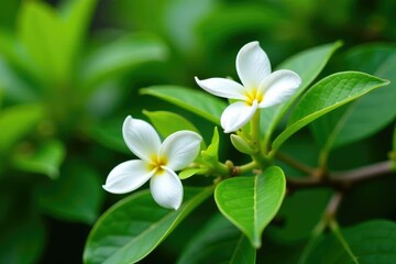 Obraz premium Dendrophylax lindenii white flowers blooming on tree branches, leafy greens, tropical tree