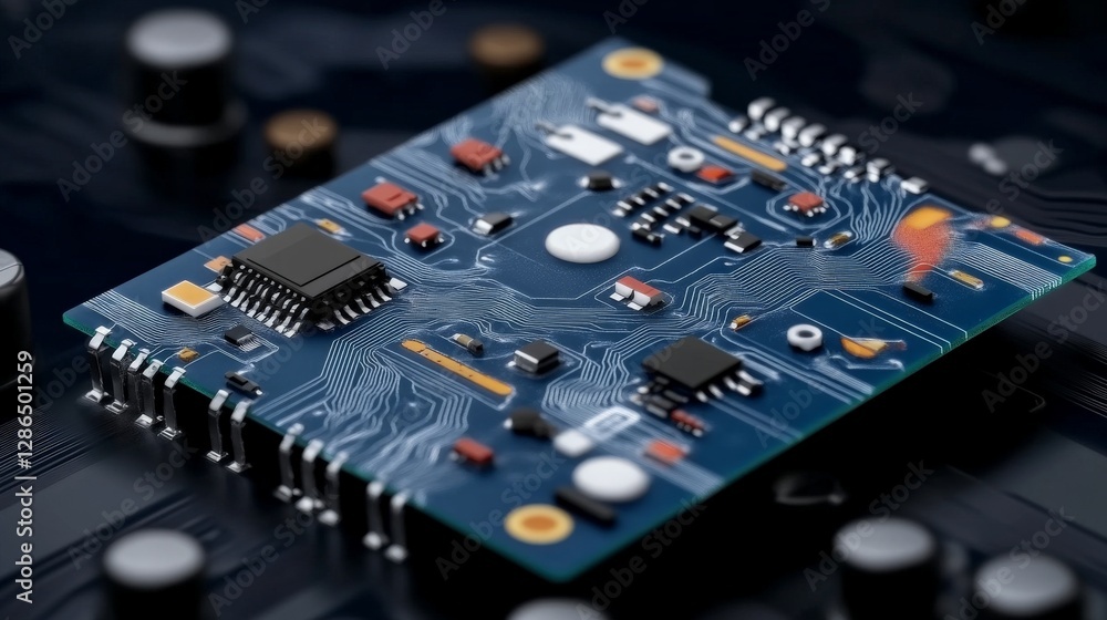 Poster detailed close-up of a complex circuit board with electronic components