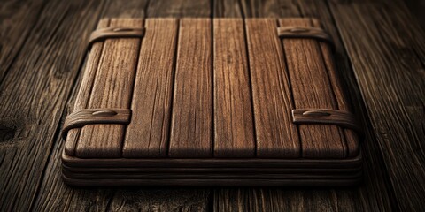Fototapeta premium A wooden table displays a stylish brown leather case, emphasizing a blend of natural materials and elegant design in a cozy setting.