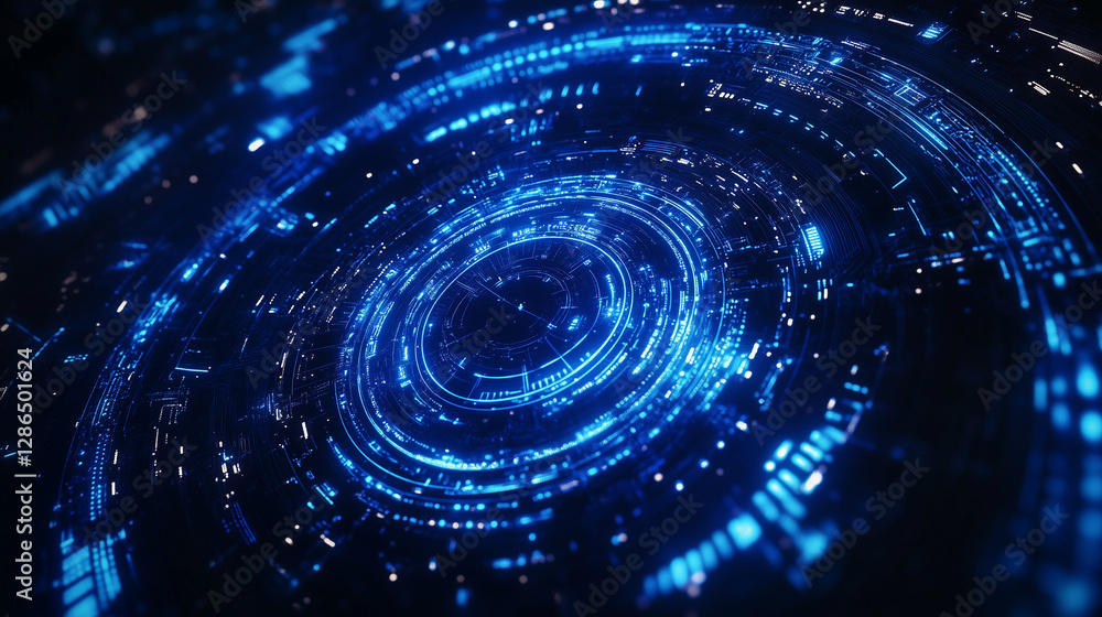 Poster futuristic technology background with glowing circular holograms and circuit board elements. high-te