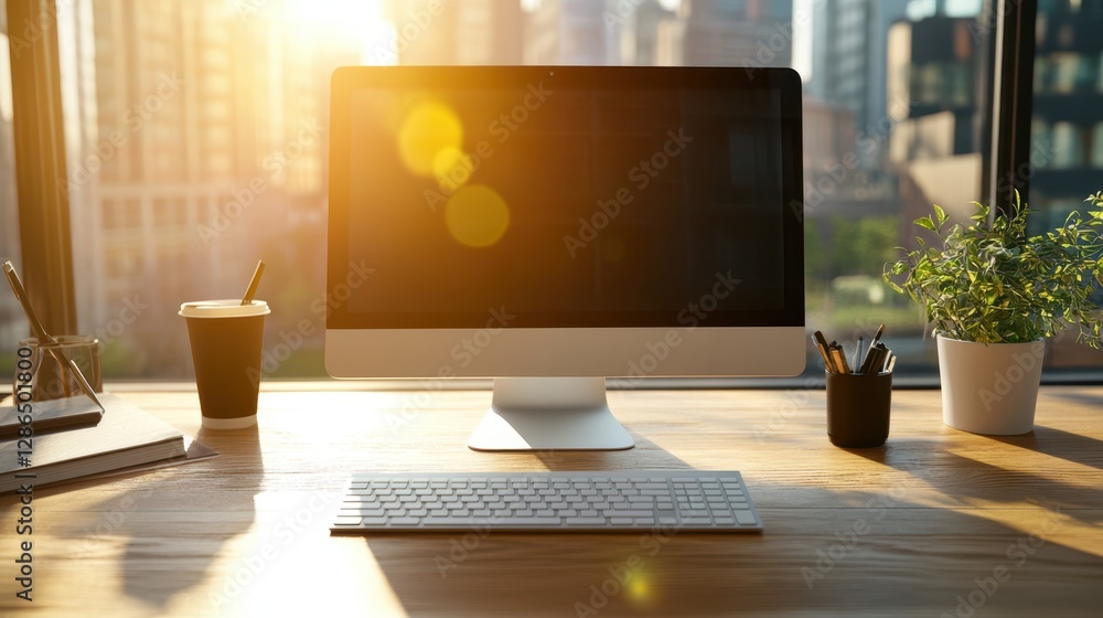 Poster a computer monitor is placed on a desk alongside a steaming cup of coffee, creating a cozy workspace
