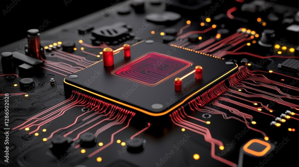 Poster close-up view of a circuit board with electronic components and lights