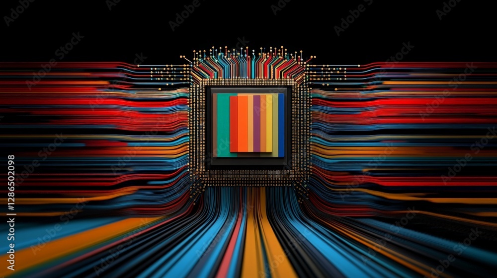 Aufkleber colorful technology abstract with microchip and flowing lines
