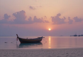 Naklejka premium Tranquil Sunset Calm Waters Anchored Boat Pastel Sky - Travel Marketing Vacation Promotions