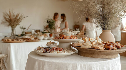 An elegant buffet table offers a delicious spread of food at a celebratory wedding event with people in background.