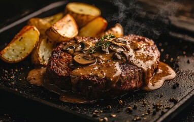 Sizzling ribeye steak with mushroom gravy splashes and potato wedges on a smoky black background