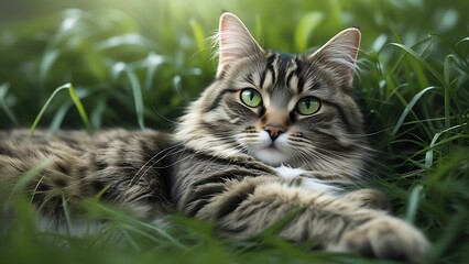 Obraz premium A detailed close-up of a tabby cat lying gracefully in lush green grass, its alert green eyes gleaming with curiosity. 