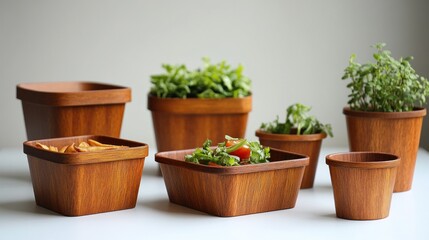 Wooden serving bowls with herbs and snacks on white background