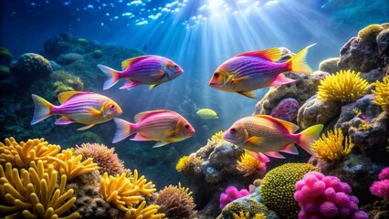 Vibrant Reef Fish Displaying Striking Colors Amidst Lush Coral and Sunbeams