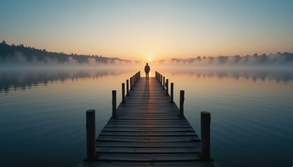 Fototapeta premium Solitary Silhouette Wooden Pier Sunrise Calm Lake Mist - Serene Reflection Mindfulness, Personal Growth, Inspirational Content