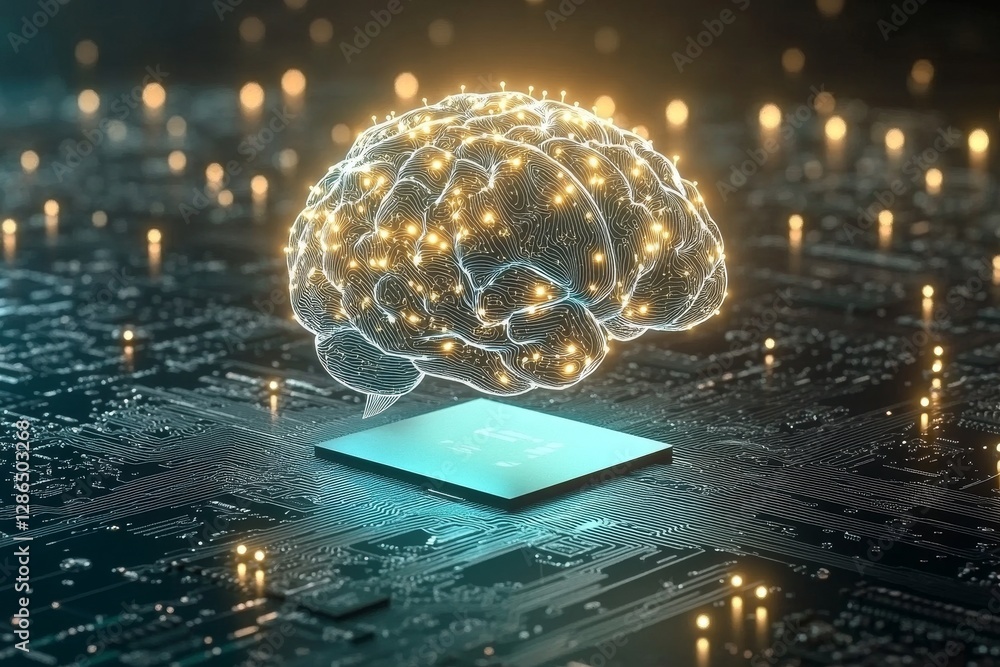 Poster futuristic concept of brain interaction with microchip technology
